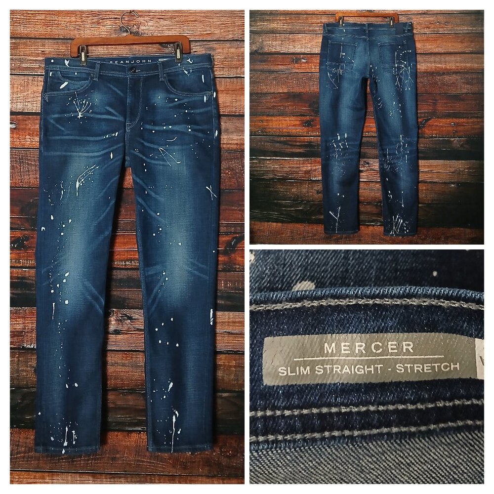 Sean John Jeans Mens 38X33 Mercer Fit Slim Straight Paint Splatter Denim Stretch